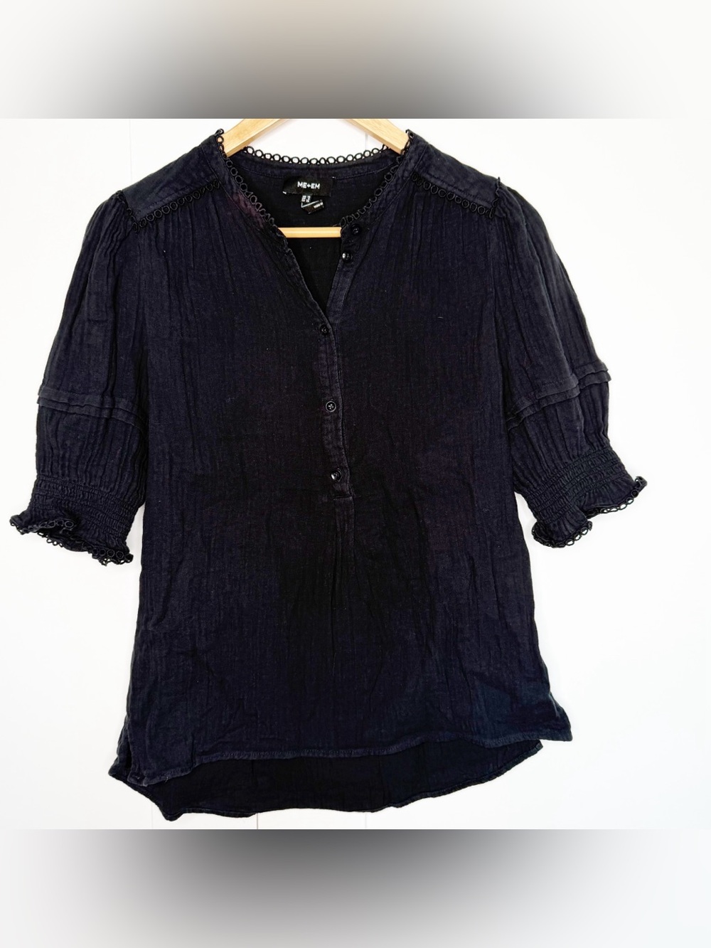 ME+EM Cheesecloth Crinkle Cotton Blouse US 6 Black Gauze Puff Sleeve boxy ruffle